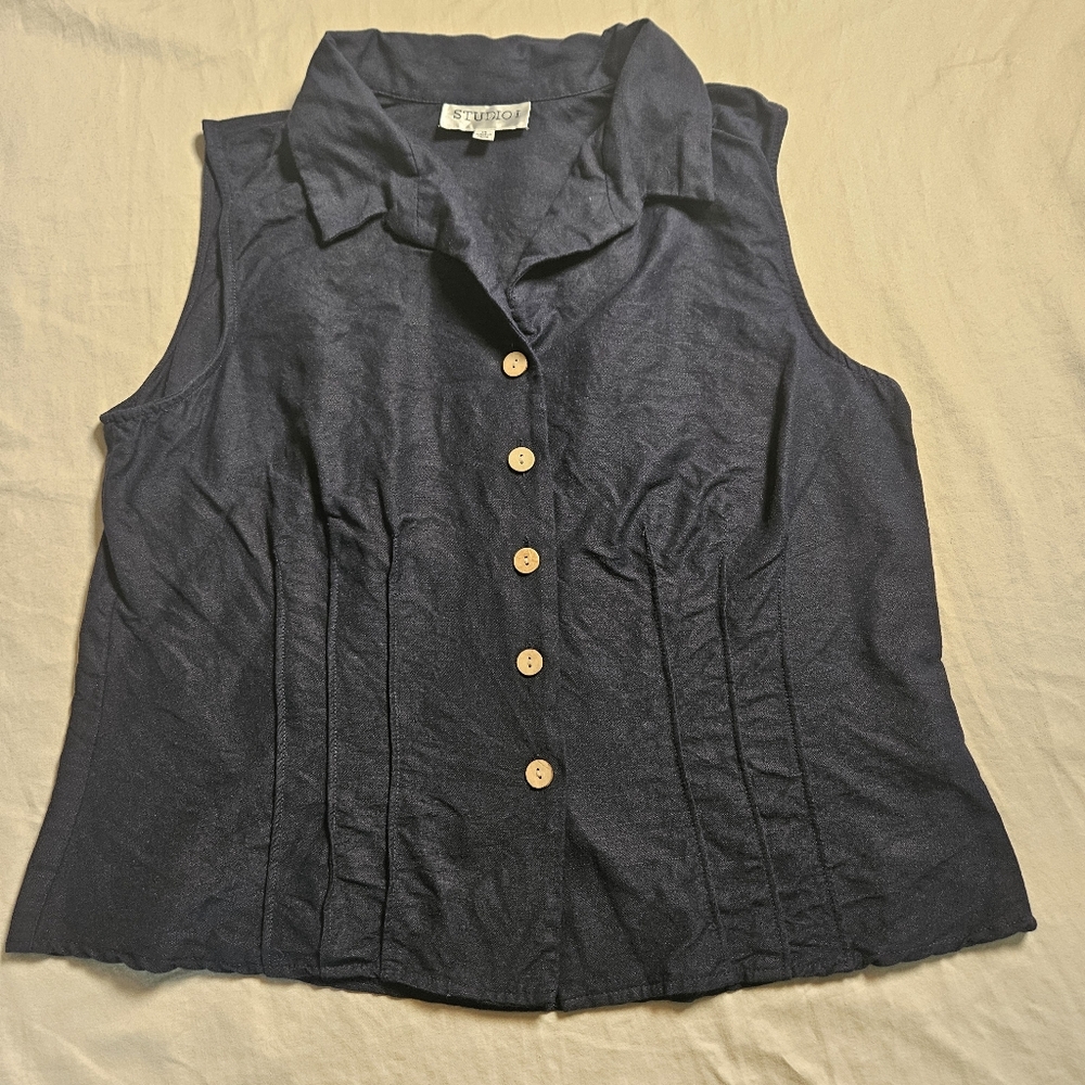 STUDIO I Women's Size‎ 14 Navy Blue Linen Blend Sleeveless Button-Up Top Pintuck